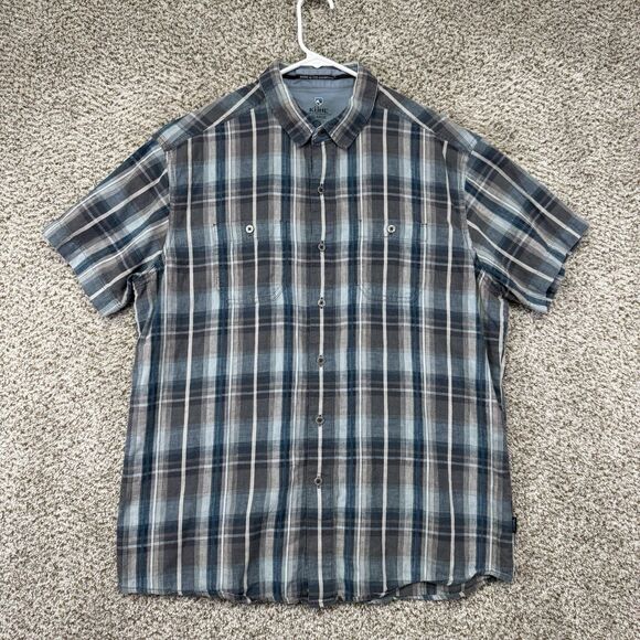 Kuhl Shirt Men's XL Blue Plaid Short Sleeve Button Up Linen Tapered Fit Hiking - Picture 1 of 16